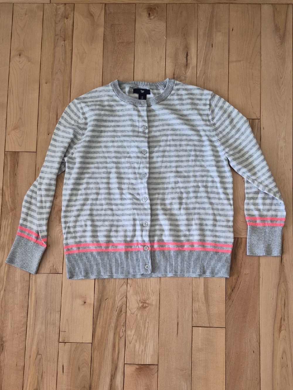 Girls Size 10/12 GAP Light Gray and White Striped Cardigan with Pink Trim